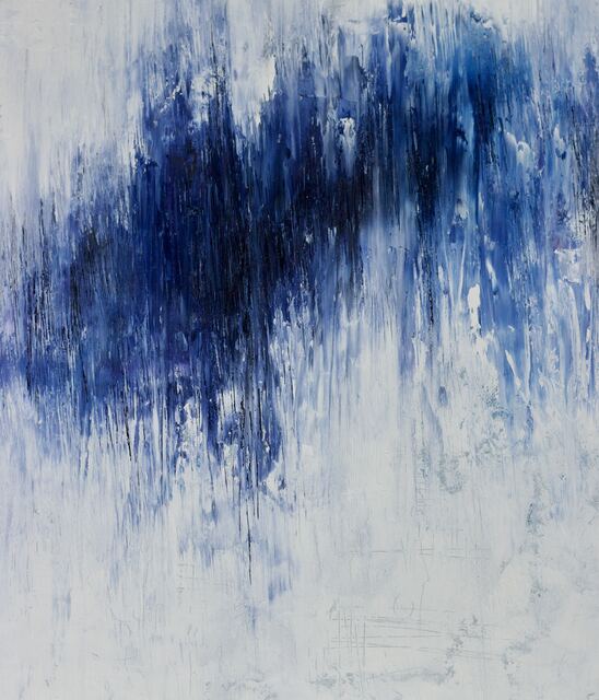 Abstract painting of deep blue streaks bleeding downward through white like winter rain
