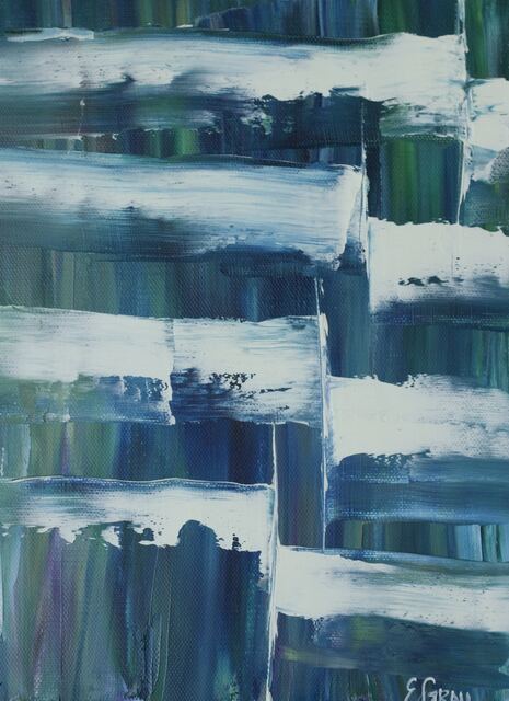 Abstract painting of layered white horizontal strokes over deep greens and blues