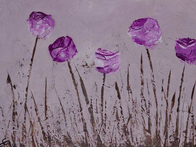 Painting of purple roses on thin sepia stems against a soft grey ground
