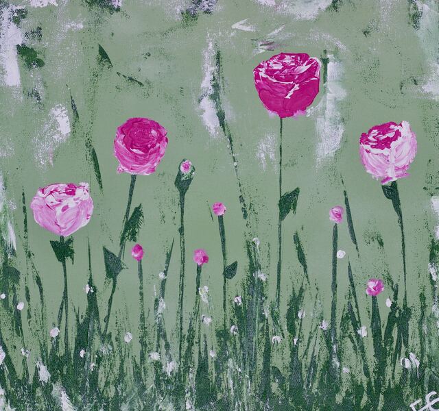 Painting of pink and magenta roses on tall dark stems against a sage green ground