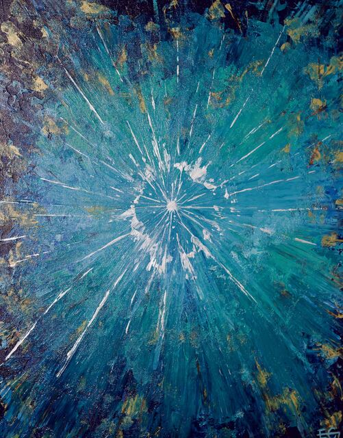 Abstract painting of a radiant white starburst over layers of teal and deep blue, flecked with gold
