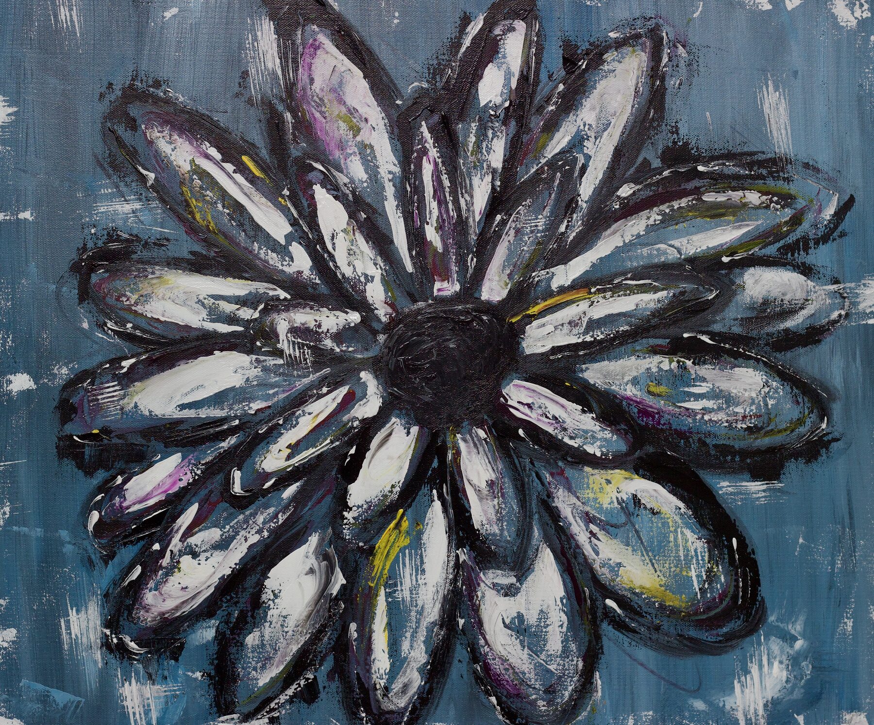 Painting of a large white daisy with a dark center on a slate blue ground